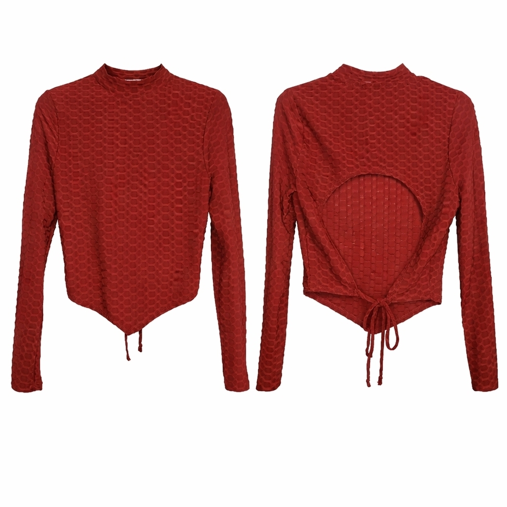 Women’s Long Sleeve Textured Open-Back Top in Brick Red